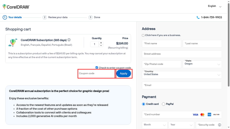 Corel checkout page showing the Coupon code field and Apply button