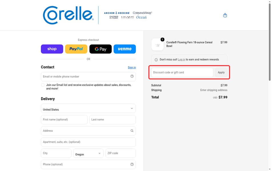 Corelle checkout page showing the Discount code or gift card field and Apply button