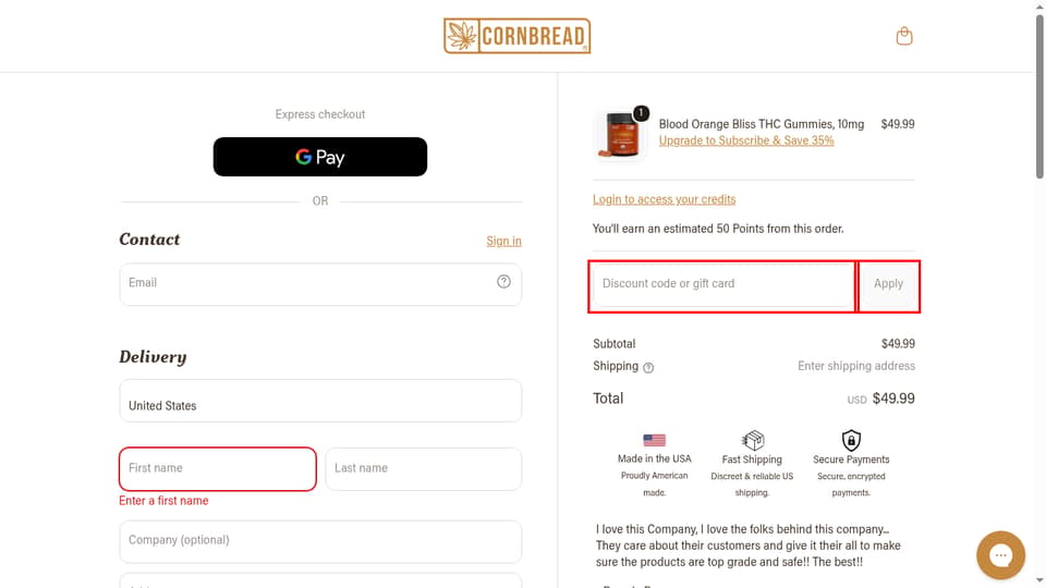 Cornbread Hemp checkout page showing the Discount code or gift card field and Apply button