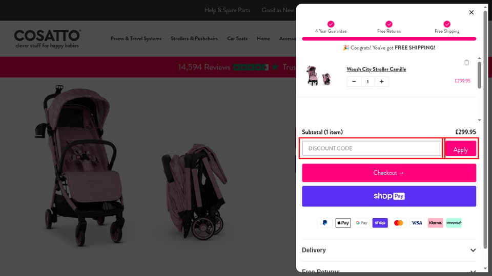 Cosatto checkout page showing the Discount Code field and Apply button