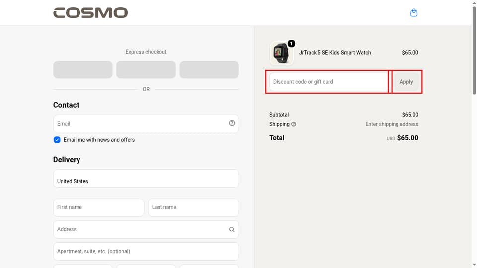 COSMO Technologies checkout page showing the Discount code or gift card field and Apply button