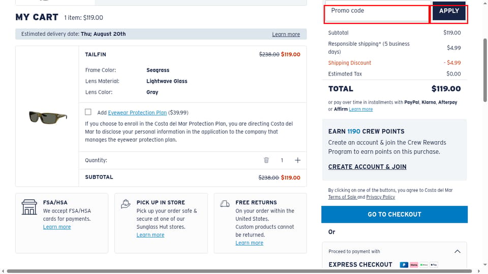 Costa Del Mar checkout page showing the Promo code field and APPLY button