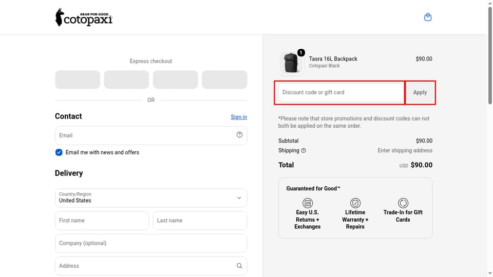 Cotopaxi checkout page showing the Discount code or gift card field and Apply button