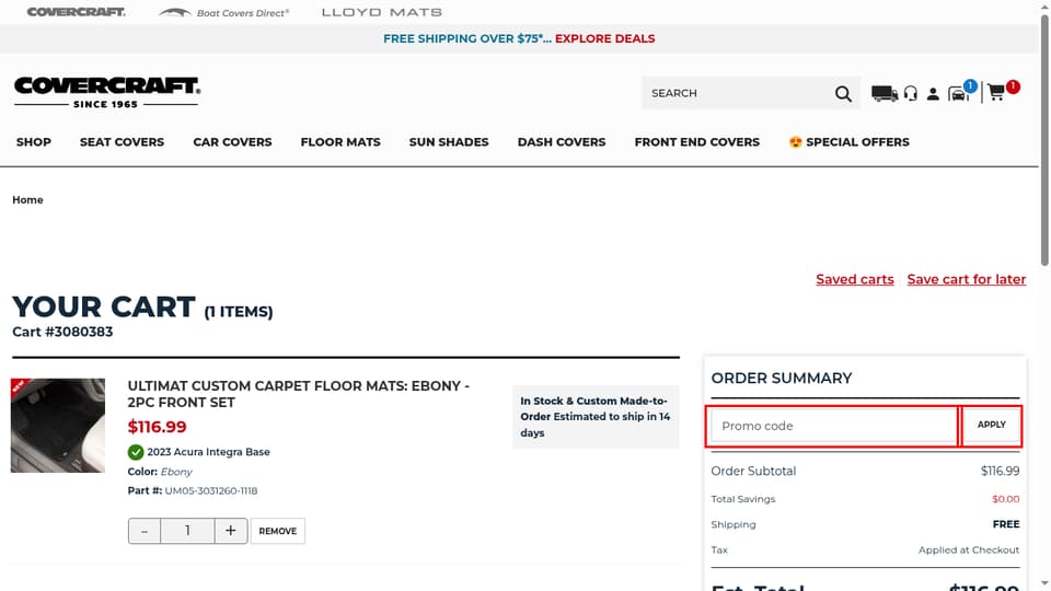 Covercraft checkout page showing the Promo code field and Apply button