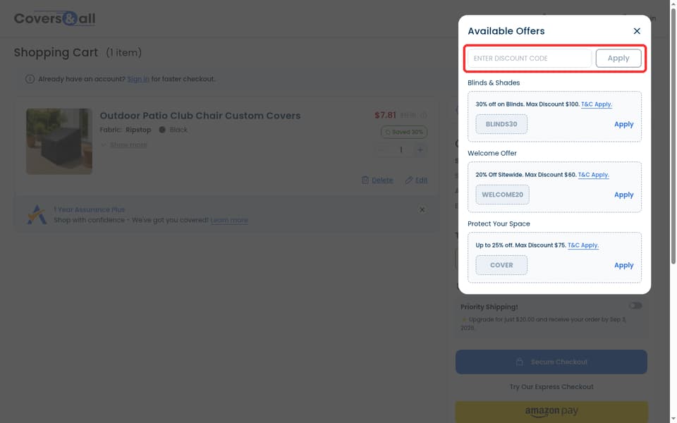Covers & All checkout page showing the Enter Discount Code field and Apply button