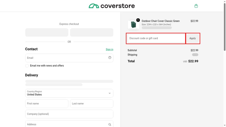 Coverstore checkout page showing the Discount code or gift card field and Apply button