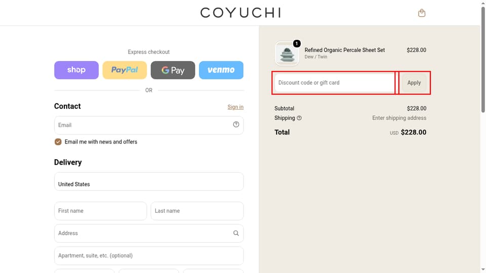 Coyuchi checkout page showing the Discount code or gift card field and Apply button