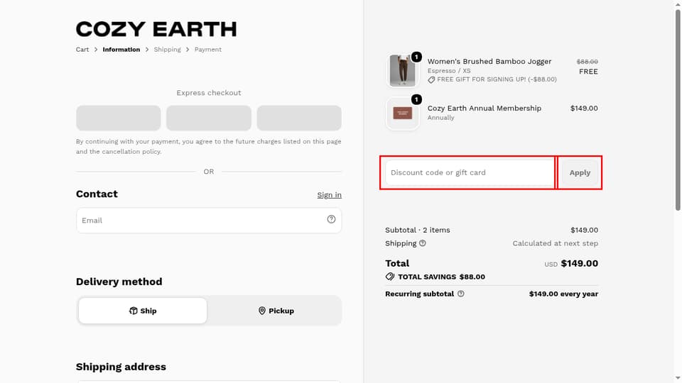 Cozy Earth checkout page showing the Discount code or gift card field and Apply button