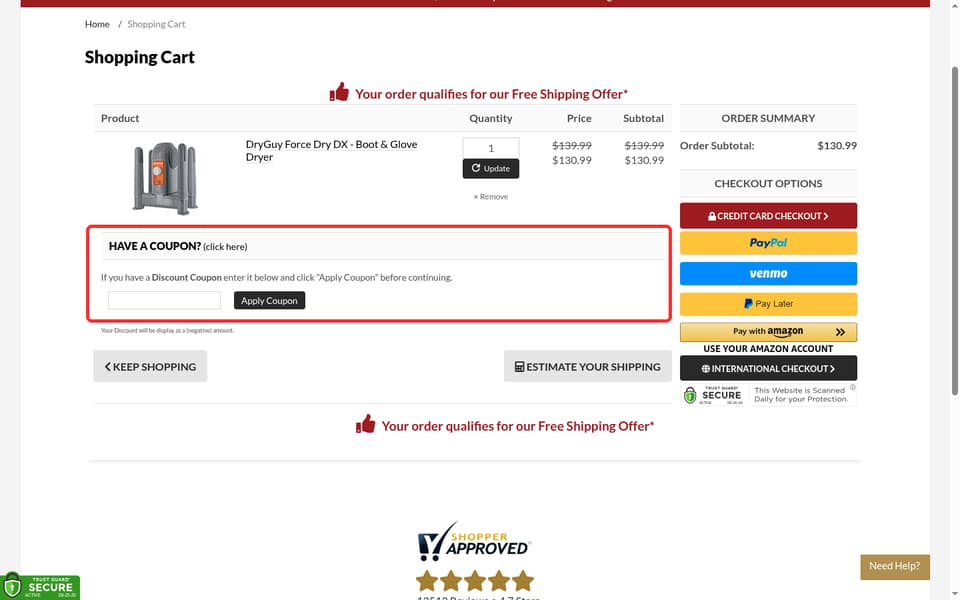 CozyWinters checkout page showing the Discount Coupon field and Apply Coupon button