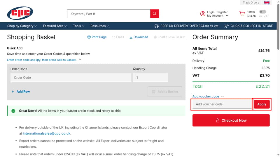 CPC checkout page showing the Add voucher code field and Apply button