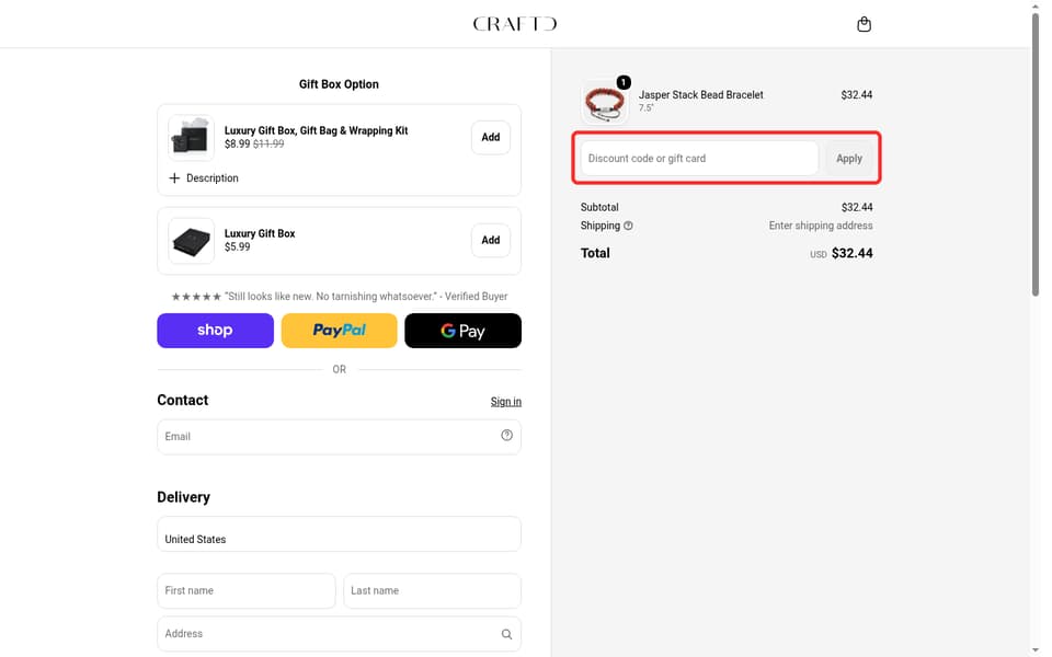 CRAFTD London checkout page showing the Discount code or gift card field and Apply button