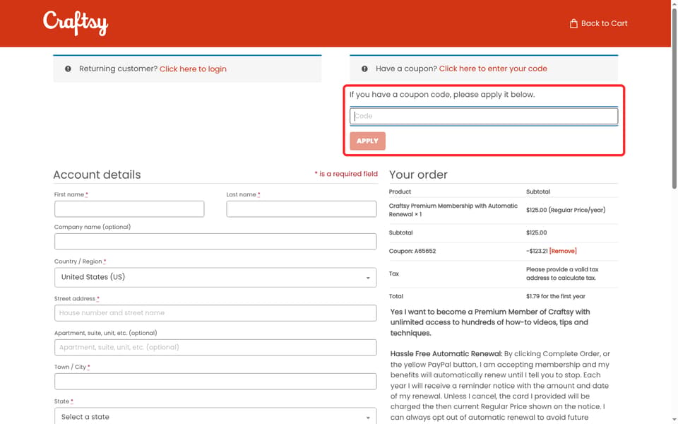 Craftsy checkout page showing the Code field and Apply button