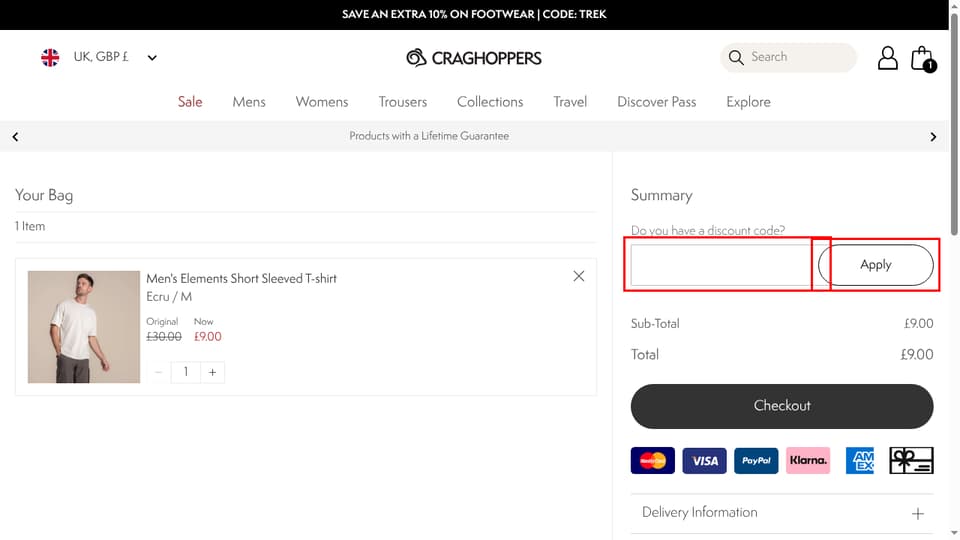 Craghoppers checkout page showing the Do you have a discount code? field and Apply button
