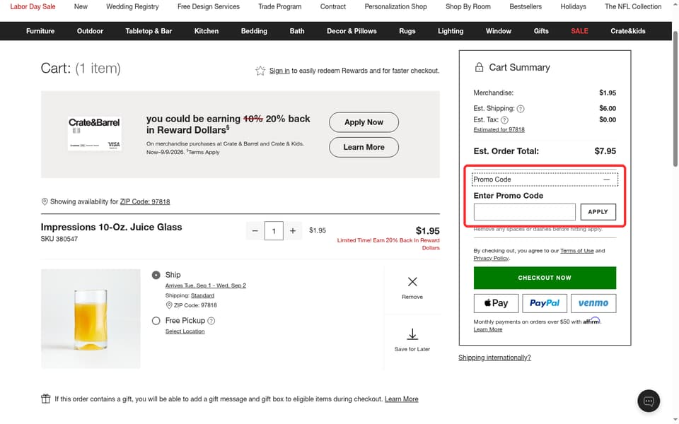 Crate And Barrel checkout page showing the Enter Promo Code field and Apply button