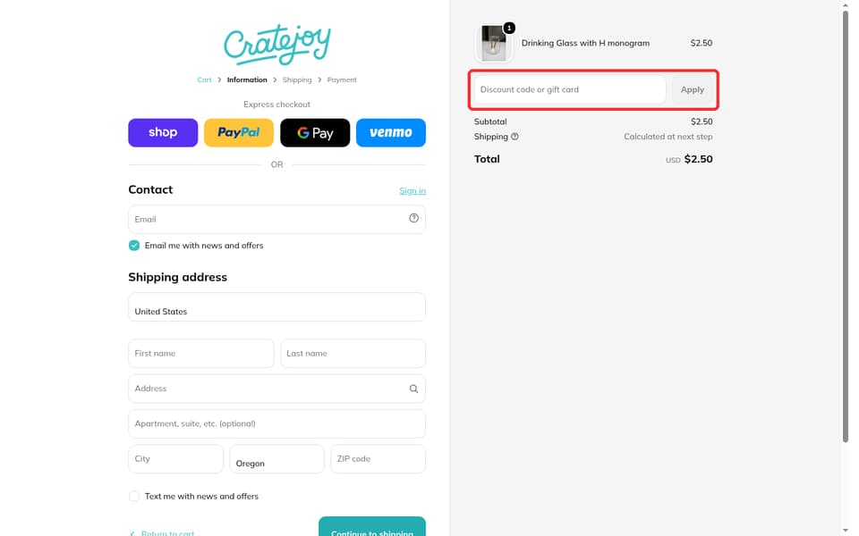 Cratejoy checkout page showing the Discount code or gift card field and Apply button