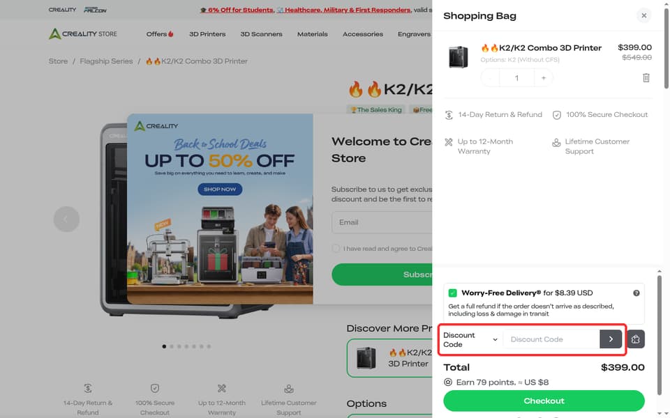 Creality checkout page showing the Discount Code field and Apply button