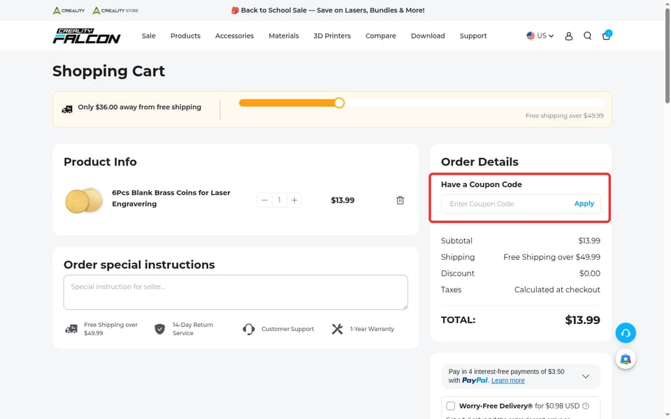 Creality Falcon checkout page showing the Enter Coupon Code field and Apply button
