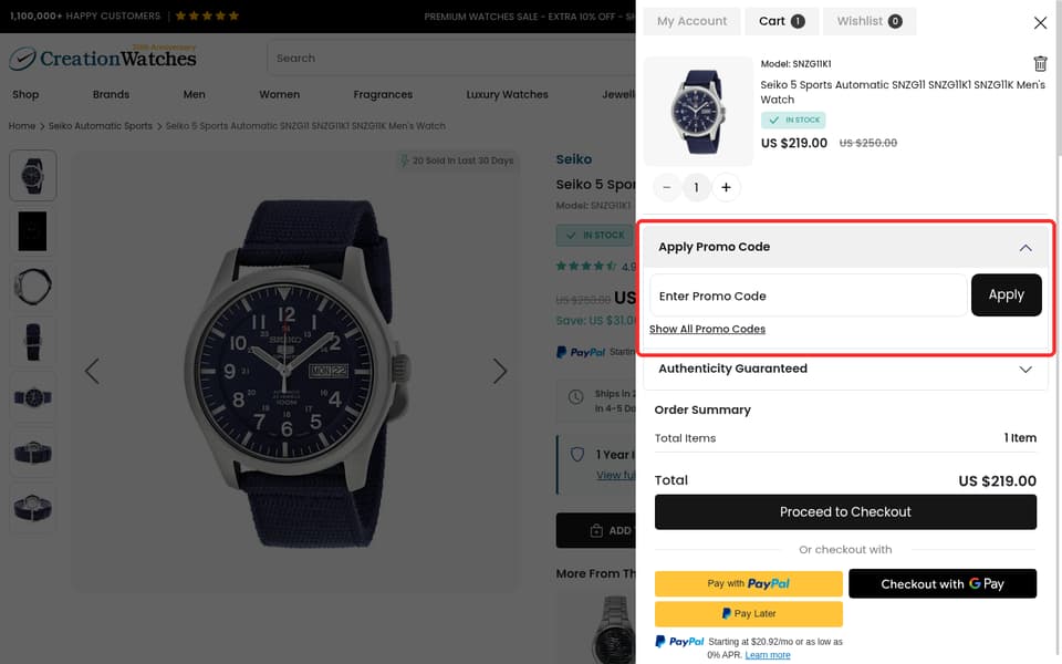 Creation Watches checkout page showing the Enter Promo Code field and Apply button