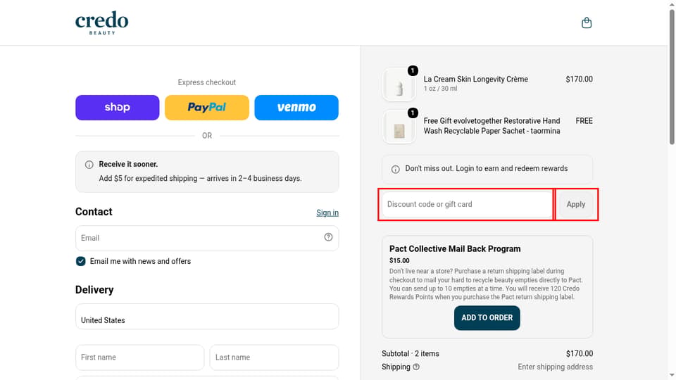 Credo Beauty checkout page showing the Discount code or gift card field and Apply button