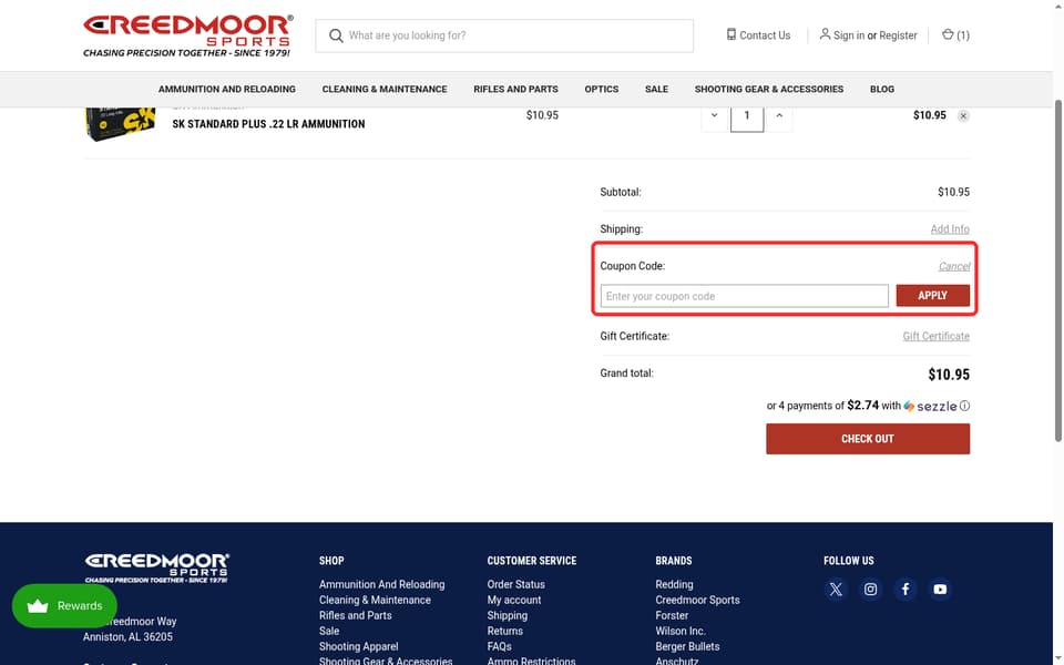 Creedmoor Sports checkout page showing the Enter your coupon code field and Apply button
