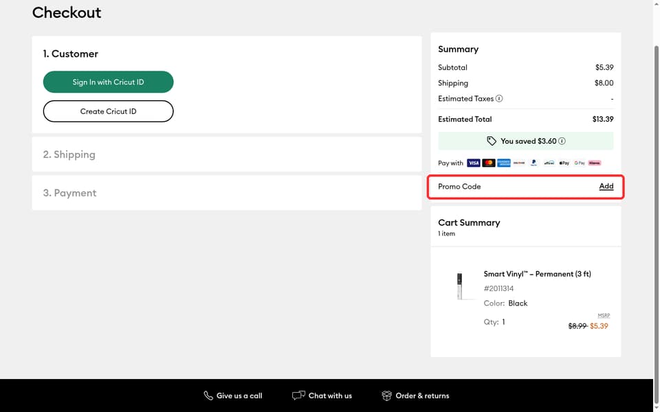 Cricut checkout page showing the Enter Promo Code field and Apply button