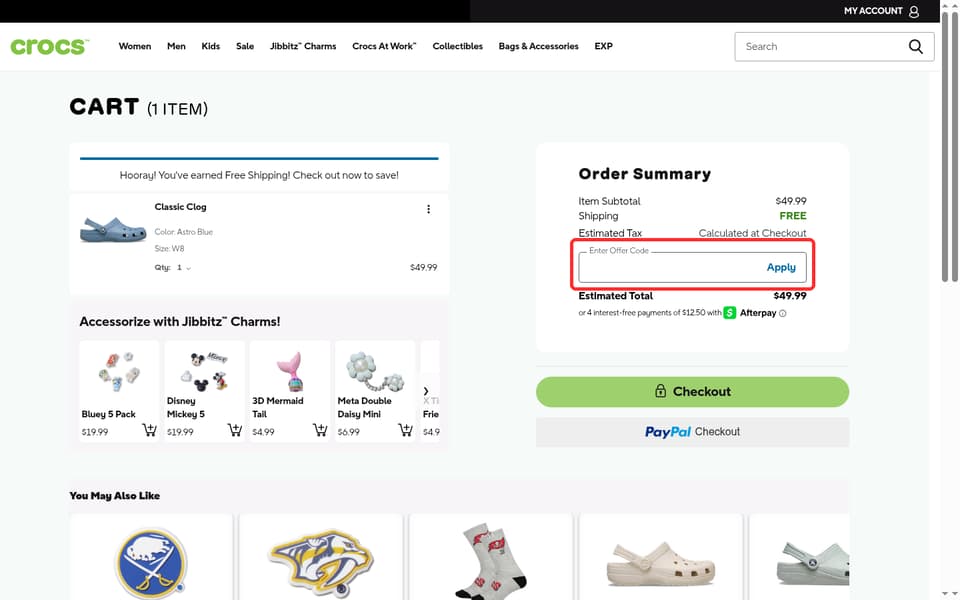 Crocs checkout page showing the Enter Offer Code field and Apply button