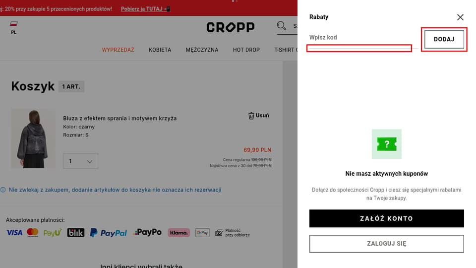 Cropp checkout page showing the Wpisz kod field and Dodaj button