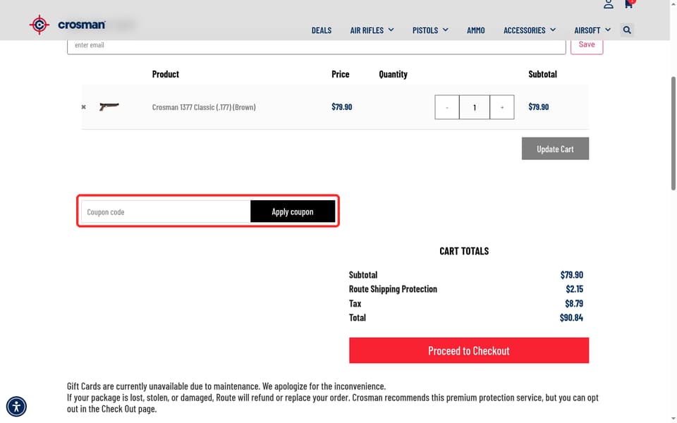 Crosman checkout page showing the Coupon code field and Apply coupon button