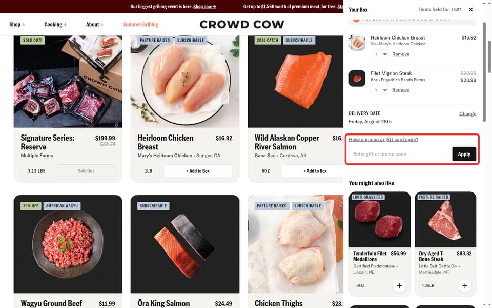 Crowd Cow checkout page showing the Enter gift or promo code field and Apply button