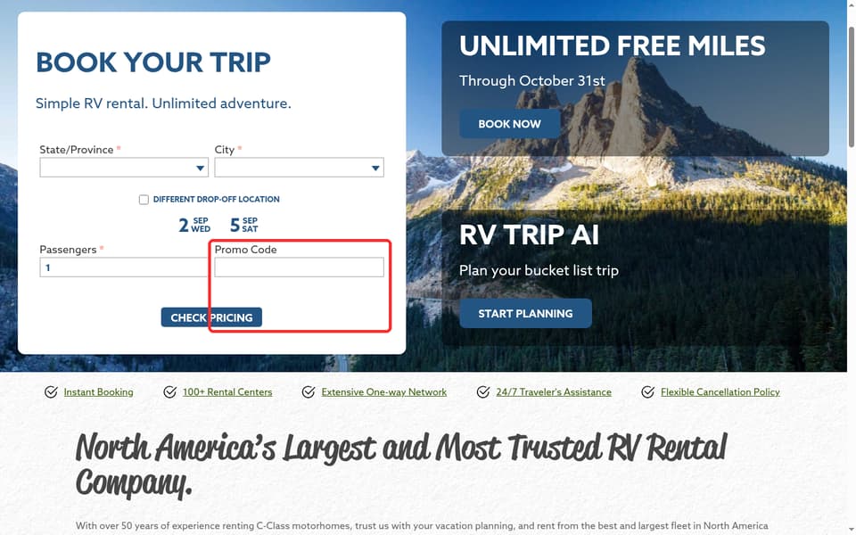 Cruise America checkout page showing the Promo Code field and CHECK PRICING button