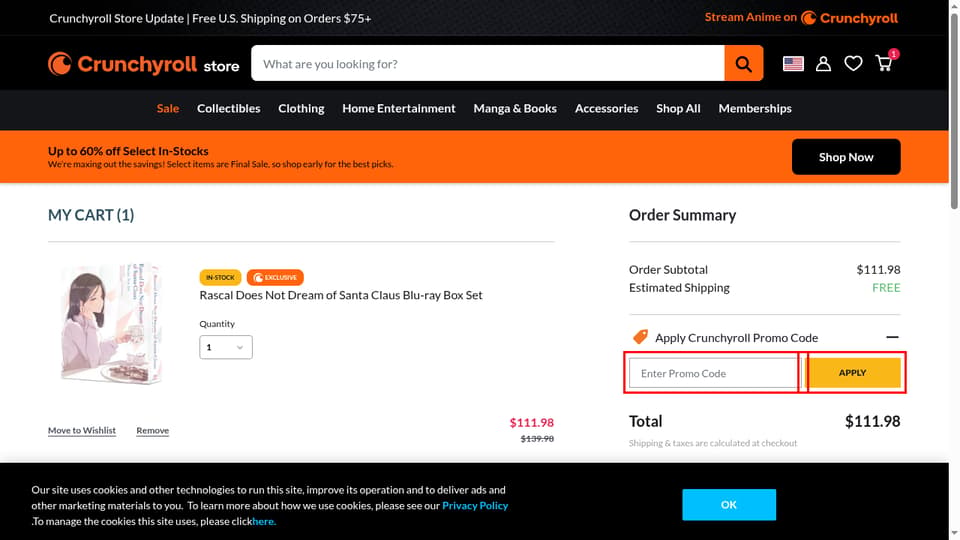 Crunchyroll checkout page showing the Enter Promo Code field and Apply button