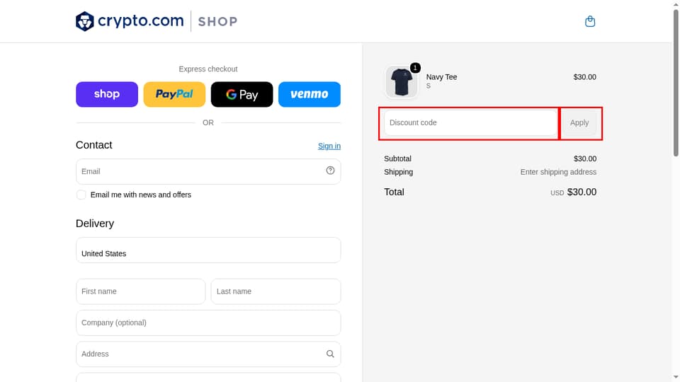 Crypto.com checkout page showing the Discount code field and Apply button