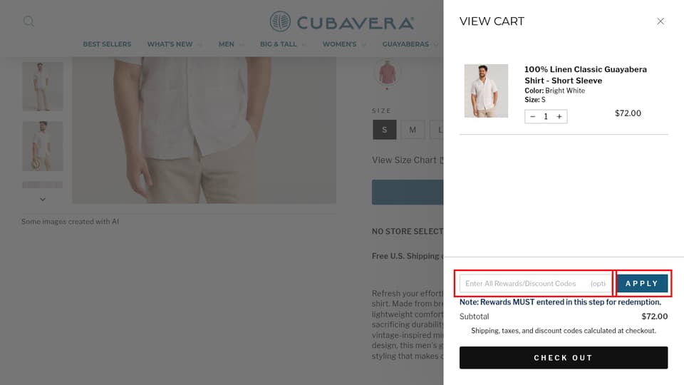 Cubavera checkout page showing the Enter All Rewards/Discount Codes          (optional) field and Apply button