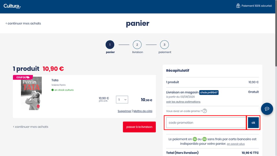 Cultura checkout page showing the code promotion field and ok button