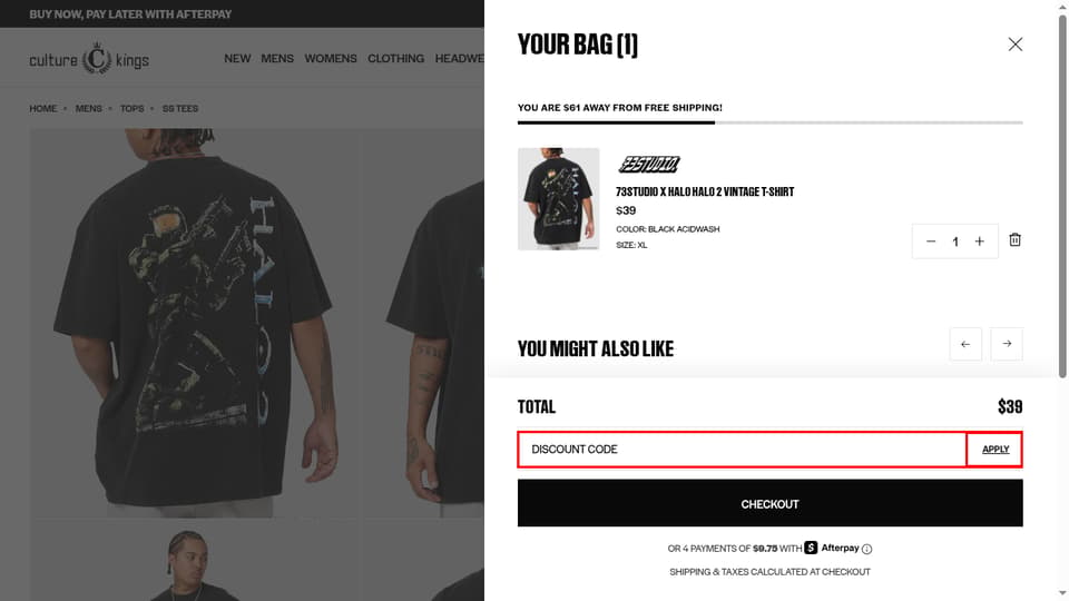 Culture Kings checkout page showing the Discount Code field and Apply button