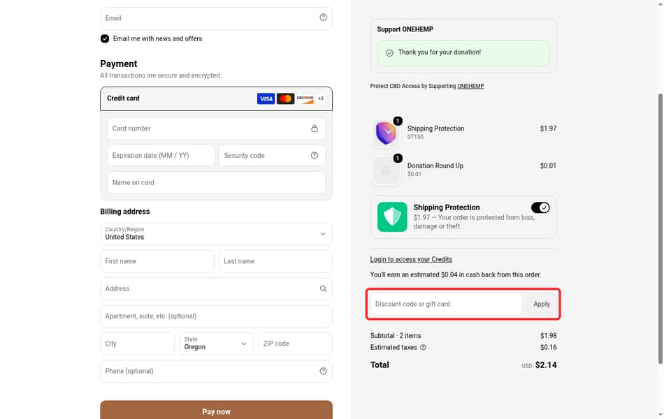 Cured Nutrition checkout page showing the Discount code or gift card field and Apply button