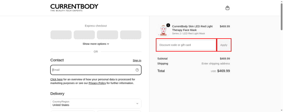 CurrentBody checkout page showing the Discount code or gift card field and Apply button