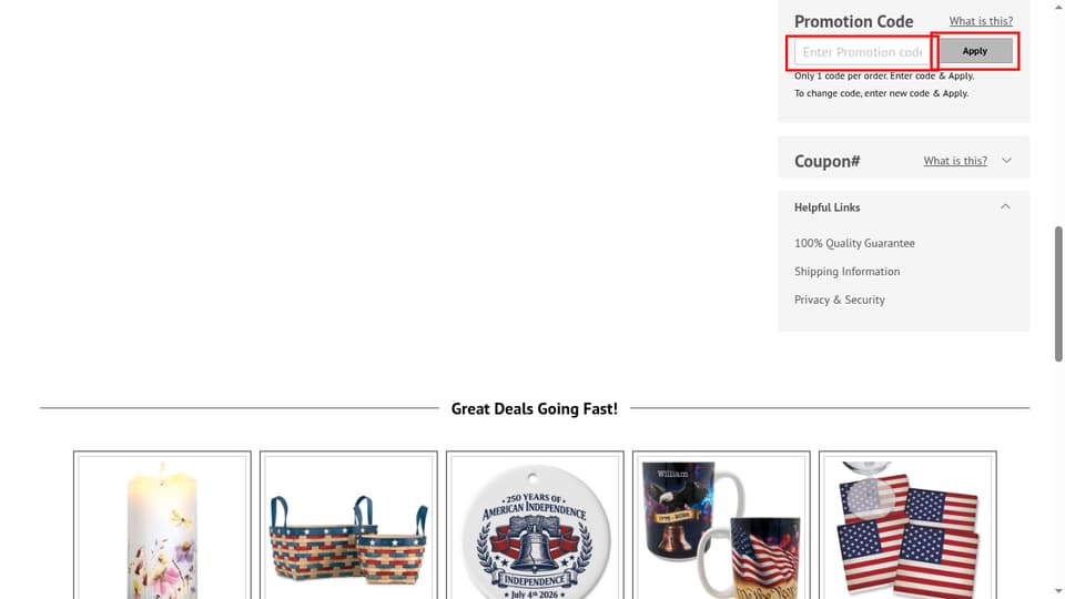 Current Catalog checkout page showing the Enter Promotion code field and Apply button
