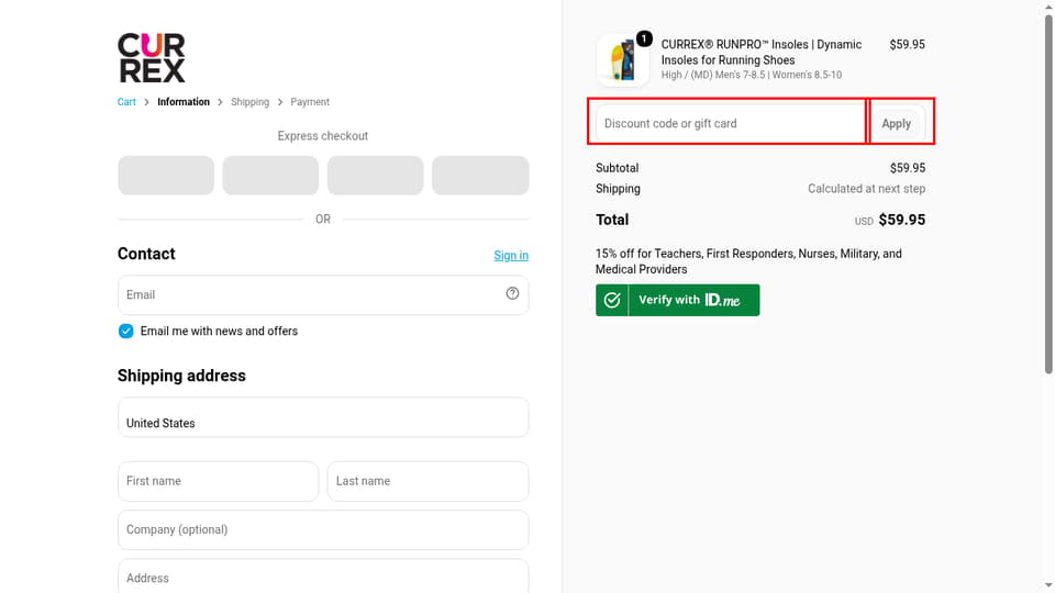 CURREX checkout page showing the Discount code or gift card field and Apply button