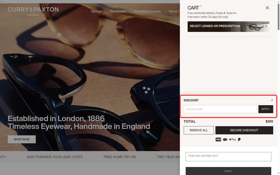 Curry & Paxton checkout page showing the Discount code field and Apply button