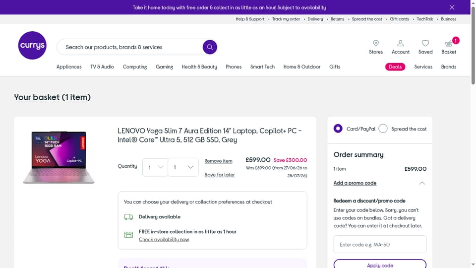 Currys checkout page showing the Enter code e.g. MA-50 field and Apply code button