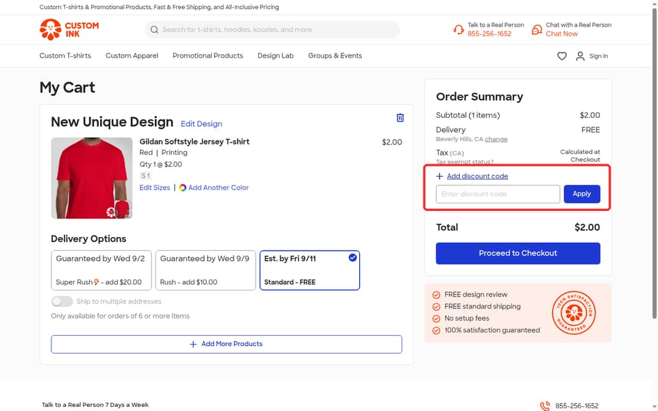 Custom Ink checkout page showing the Enter discount code field and Apply button