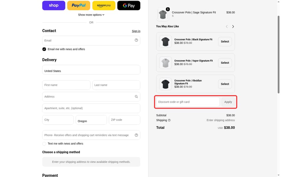 Cuts Clothing checkout page showing the Discount code or gift card field and Apply button