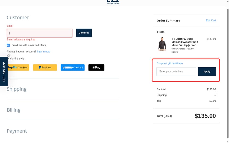 Cutter & Buck checkout page showing the Enter your code here field and Apply button
