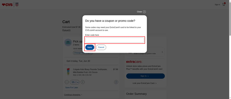 CVS Pharmacy checkout page showing the 