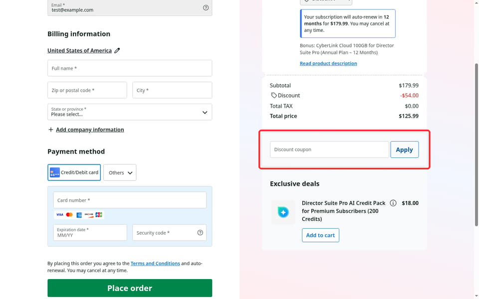 Cyberlink checkout page showing the Discount coupon field and Apply button