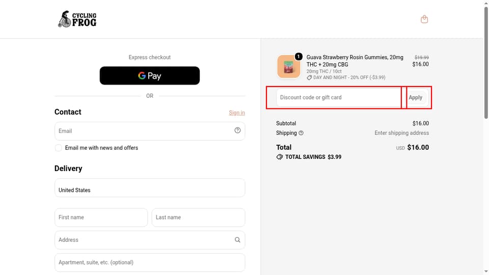 Cycling Frog checkout page showing the Discount code or gift card field and Apply button