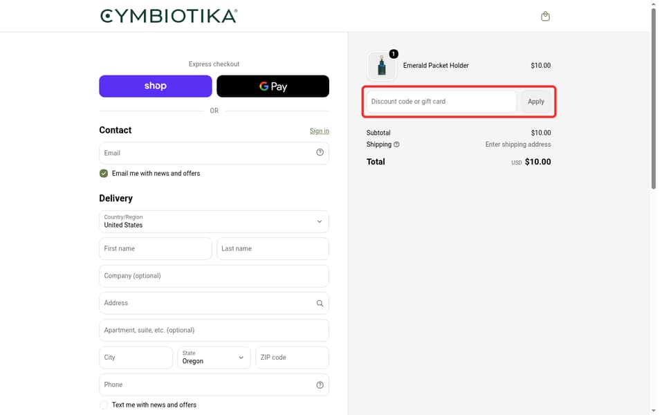 CYMBIOTIKA checkout page showing the Discount code or gift card field and Apply button