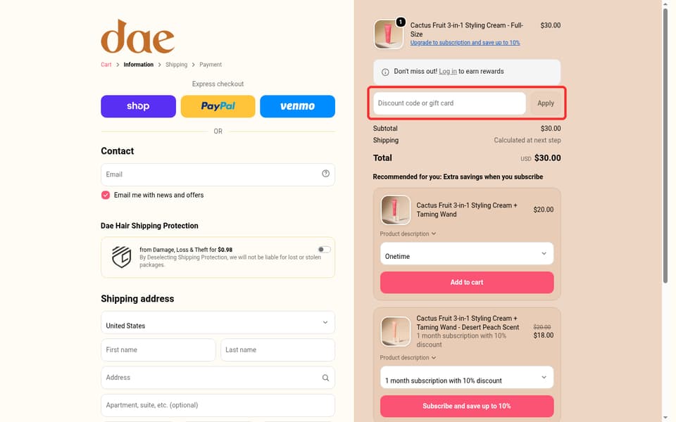 Dae Hair checkout page showing the Discount code or gift card field and Apply button
