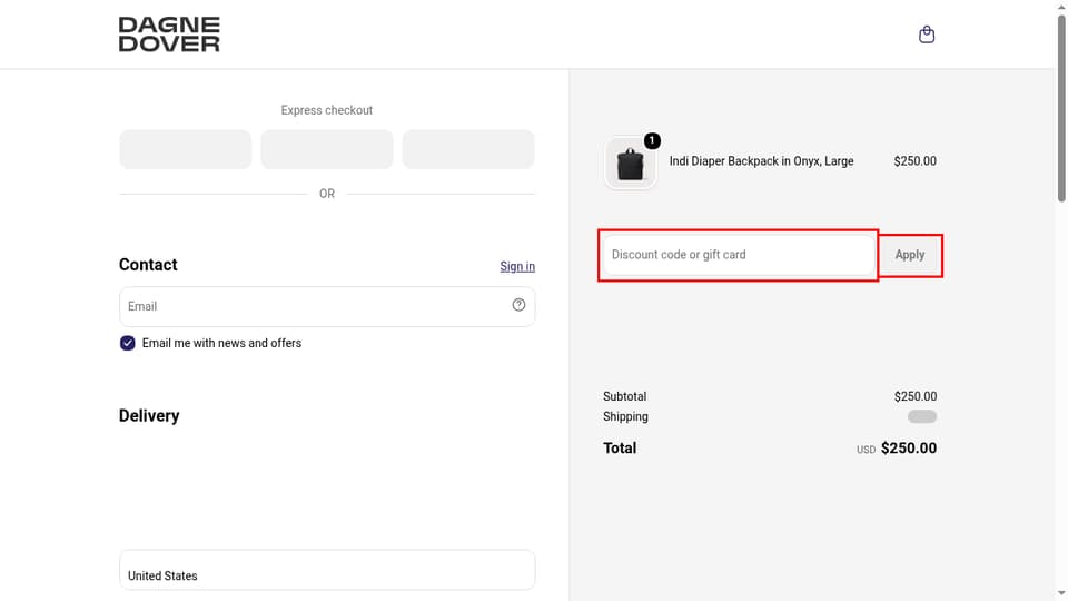 Dagne Dover checkout page showing the Discount code or gift card field and Apply button